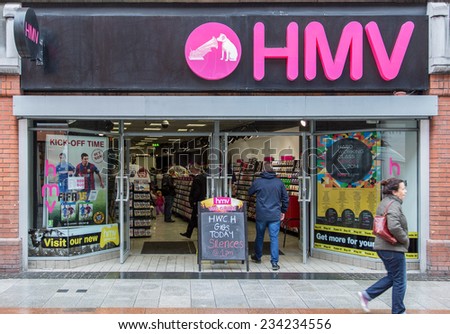 DUBLIN, IRELAND OCTOBER 3, 2014: A HMV store. HMV retails music, film, games and technology products. It has 120 stores in the UK, 110 locations in Canada and is rebuilding its presence in Ireland.