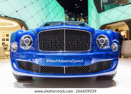 GENEVA, SWITZERLAND â?? MARCH 3, 2015: The new Bentley Mulsanne Speed car at the Geneva Motor Show. It reaches 60 mph in 4.8 seconds and has a top speed of 190mph (305 km/h).