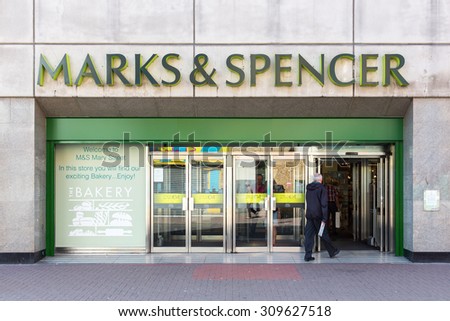 DUBLIN, IRELAND - AUGUST 13, 2015: A branch of MARKS & SPENCER, The Group made PBT of GBP279m in the 6 months ended September 2014. Present in 54 international territories it employs 85143 people.