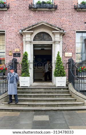 DUBLIN, IRELAND - AUGUST 14, 2015: The Merrion Hotel 5 star hotel with 142 bedrooms. It is home to the 2-star Michelin Restaurant Patrick Guilbaud and is situated opposite Government Buildings.