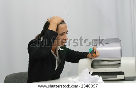 Business woman is printing in office, copy, duplicate, calling