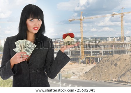 Business woman advertises real estate on background