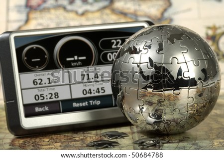 Car navigator on the old map. Concept travel.