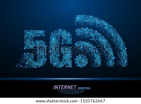 Abstract polygonal light 5G WiFi sign. Business wireframe mesh spheres from flying debris. 5th generation wireless internet network connection concept. Blue structure style vector illustration.