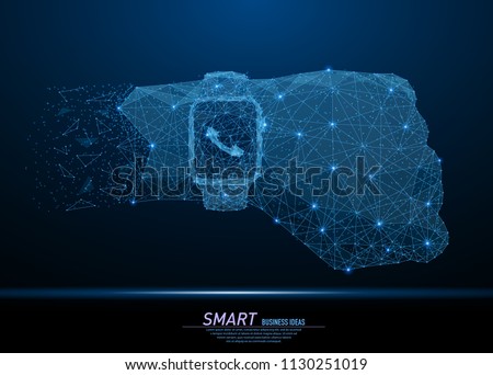 Abstract polygonal light chronometer or smart watch, on hand. Business wireframe mesh spheres from flying debris. New gadget or technology progress concept. Blue structure style vector illustration.