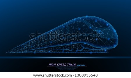 Abstract polygonal light of high-speed commuter passenger train, perspective veiw. Business wireframe mesh spheres from flying debris. Travel concept. Blue structure style vector illustration.