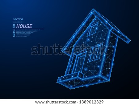Abstract polygonal light design of house building symbol. Business low poly wireframe mesh from flying debris. Real estate concept. Blue lines, dots structure style vector 3D illustration.