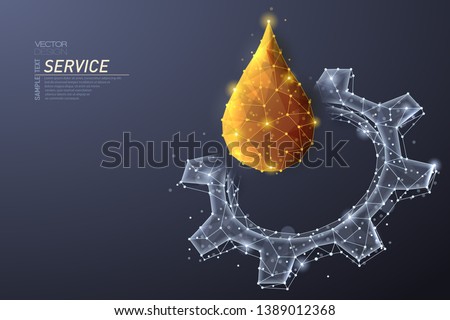 Abstract polygonal light design of cog gear with oil drop. Business wireframe mesh spheres from flying debris. Engine cervice concept. Gray lines,dots structure style vector 3D illustration.