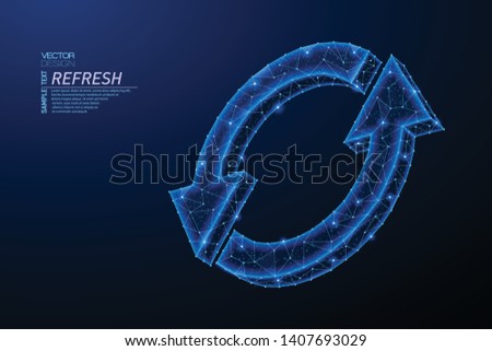 Abstract polygonal light design of Synchronization symbol. Business low poly wireframe mesh from flying debris. Sync or update concept. Blue lines, dots structure style vector 3D illustration.