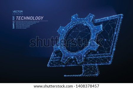 Abstract polygonal light design of computer monitor with cog gear. Business mesh spheres from flying debris. Screen technology concept. Blue lines, dots structure style vector 3D illustration.