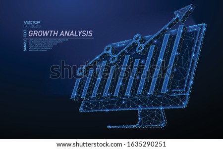 Abstract polygonal light design of computer monitor with arrow growth chart. Business mesh spheres from flying debris. Growth analysis concept. Blue lines, dots structure style vector 3D illustration.