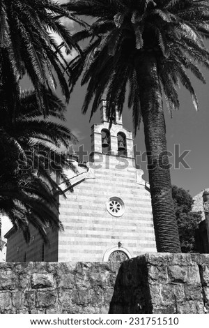 Black and white photo of old stone church surrounded by palms