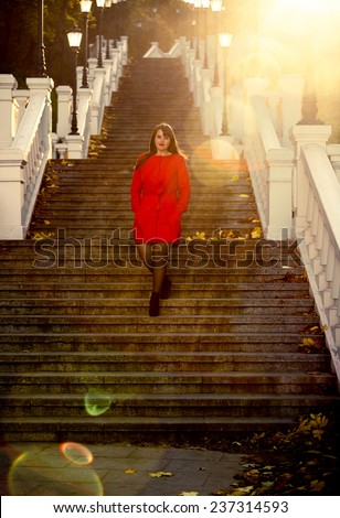 Toned photo of elegant woman walking down the stairs at park