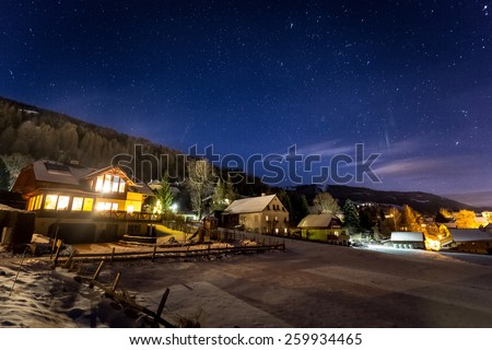 Beautiful highland Austrian chalet covered by snow at night