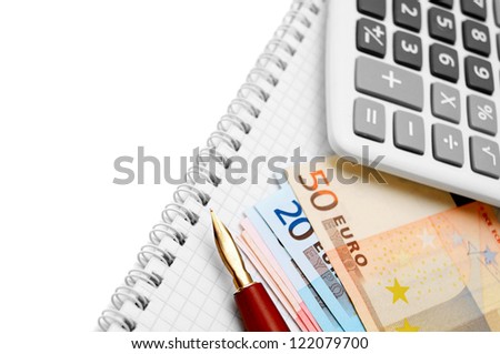 Pen, the calculator and banknote euro on a notebook.