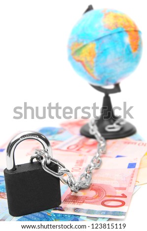 Lock, chain, globe and are a lot of money. On a white background.