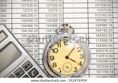 Calculator and watch on documents.