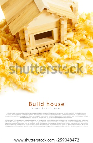 Woodworking. House construction. Joiner's works. The wooden house and shaving on white background.