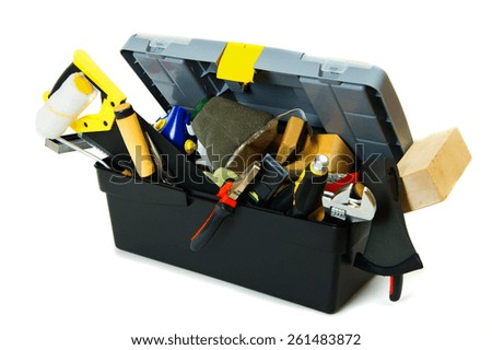 Working tools in box . Many working tools in the box on white background.