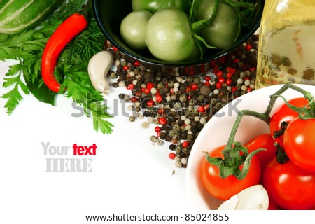 Spice, vegetables, tomatoes, cucumbers, oil, garlic, ginger. A place for your text.