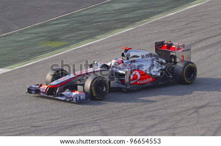 BARCELONA - MARCH 3: Jenson Button of McLaren F1 team racing during Formula One Teams Test Days at Catalunya circuit on March 3, 2012 in Barcelona, Spain.
