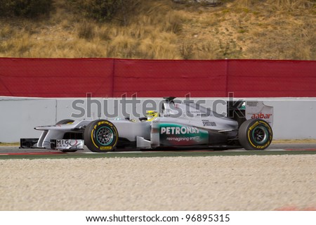 BARCELONA - MARCH 3: Nico Rosberg of Mercedes GP  F1 team racing during Formula One Teams Test Days at Catalunya circuit on March 3, 2012 in Barcelona, Spain.