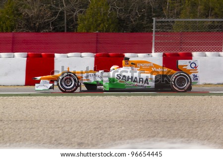BARCELONA - MARCH 3: Paul Di Resta of Force India  F1 team racing during Formula One Teams Test Days at Catalunya circuit on March 3, 2012 in Barcelona, Spain.