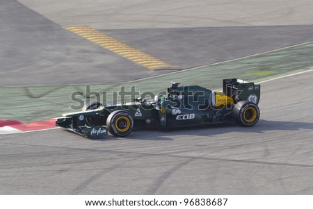 BARCELONA - MARCH 3: Vitaly Petrov of Caterham F1 team racing during Formula One Teams Test Days at Catalunya circuit on March 3, 2012 in Barcelona, Spain.