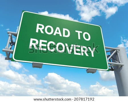 A road sign with road to recovery words on sky background
