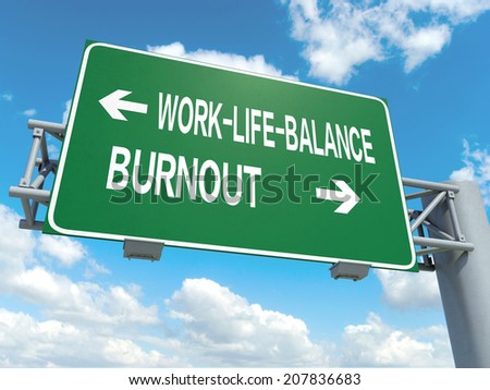 A road sign with work-life-balance burnout words on sky background