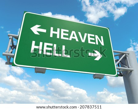 A road sign with heaven hell words on sky background