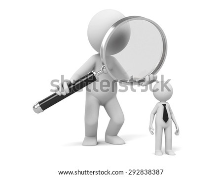 3d people and a big magnifier. Selection of the personnel, 3d image. Isolated white background