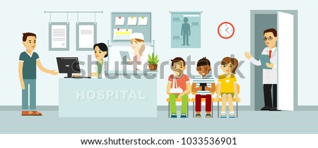 Medicine concept with doctor and patients in flat style on hospital hall background. Young doctor man and medical staff women in reception hospital. Consultation and medical diagnosis for illness peop