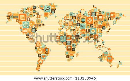 World Map with a set of social and media icons
