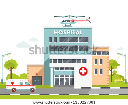 Medical concept with hospital building in flat style. City background with hospital building, ambulance car and helicopter isolated on white