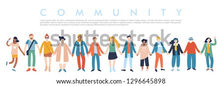 Modern multicultural society concept with people in a row. Group of different people in community standing together and holding hands. Vector illustration isolated on white background