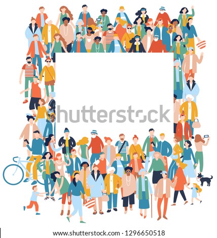 Modern multicultural society concept with crowd of people and blank banner with copy space for text. Group of different people in community standing together and holding empty placard