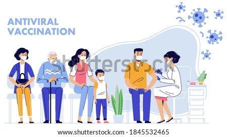 People vaccination concept for immunity health. Covid-19.
Doctor makes an injection of flu vaccine to man in hospital.  Patients are waiting in line. Healthcare, coronavirus, prevention and immunize.
