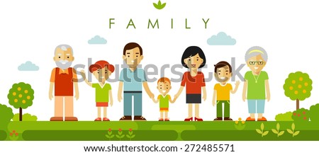 Happy family of seven people posing together on nature panoramic background in flat style