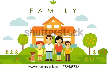Happy family of four people and pet posing together on family house background in flat style