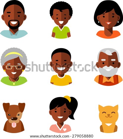 Set of happy family of african american ethnic people avatars icons and two pets isolated on white background in flat style