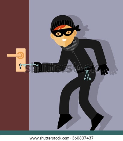 Thief Character In Steal Action. Thief In Mask Trying To Open The Door ...