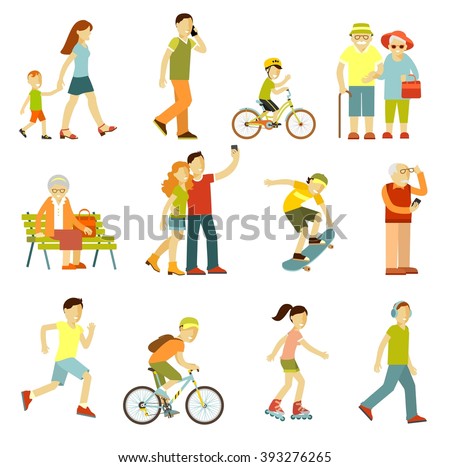 Different people in outdoors physical activity. People on the street in different activity situation – walking, cycling, running, recreation in flat style isolated on white background