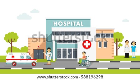 Medical concept with hospital building and doctor in flat style. Panoramic background with hospital building, doctors, nurses, disabled man in wheelchair and ambulance car in flat style.