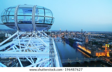 London, UK - CIRCA MAY, 2014: The London Eye is a Ferris wheel situated on the south bank of the Thames in London. Its construction began in 1998 and ended March 9, 2000. The elevation is 135 meters.