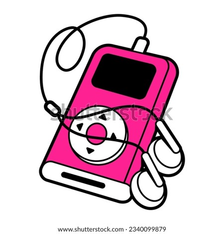 Vector flat retro illustration of 00s pink audio player with headset. Hand drawn sketch