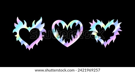 Holographic hearts in 2000 style isolated on black background. Shimmering holographic hearts. 90s vector illustration. Youth trend sticker.