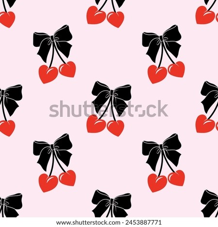 Seamless Cherry pattern with bow in cartoon style. Cute trendy design. Vector funky illustration. Ballet-core, coquette-core background.