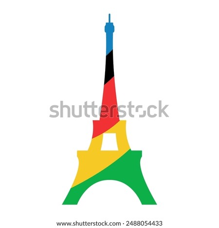 France 2024. French Eifel Tower in Paris. Symbol of sports games. Illustration of colored rings. Summer games vector logo.