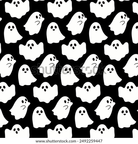 Seamless pattern with cute ghosts. Festive background for Halloween. Repeating print for fabric, wrapping paper, textile